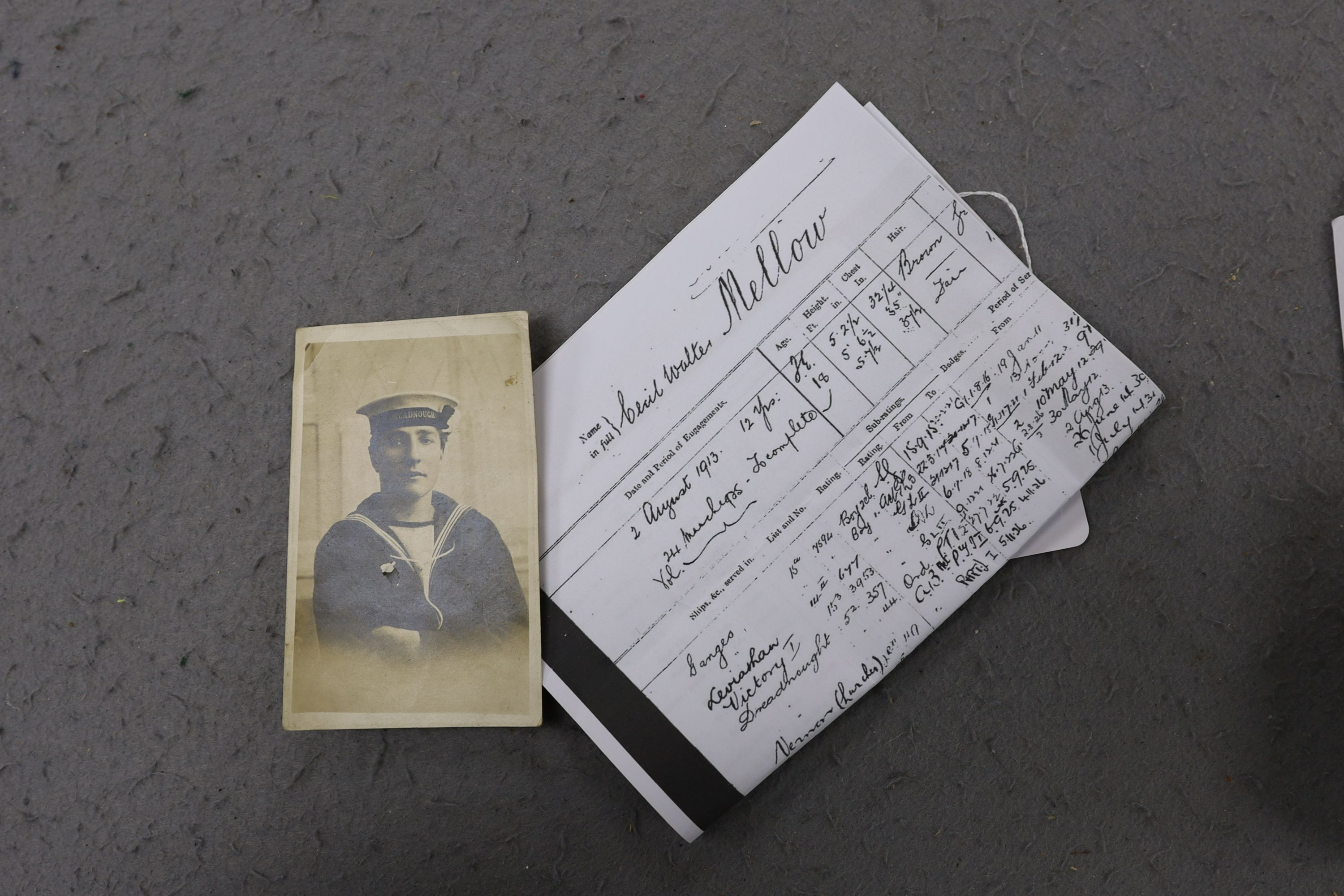 A WWI naval medal group of four with portrait photo with records and one other WWI trio